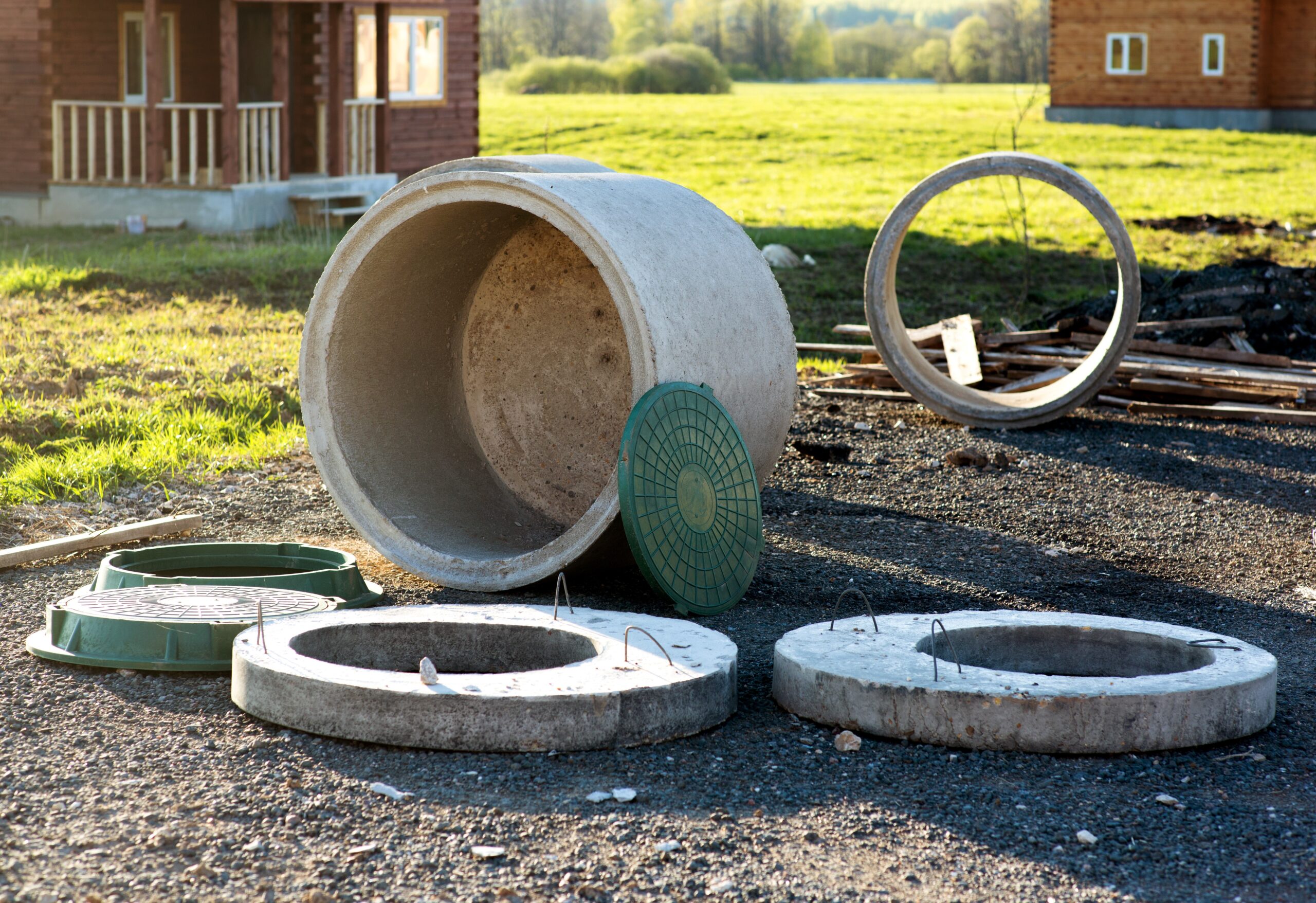 Construction site with large concrete cylindrical pipes and round access rings on a gravel lot, unfinished houses in the background.