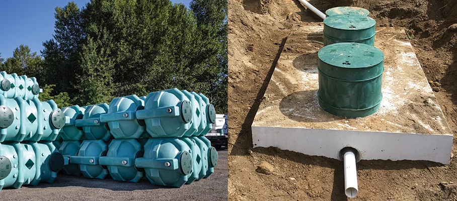 Stacks of turquoise plastic septic tanks on a lot (left) and a green underground septic tank with a white inlet pipe on a concrete pad (right).