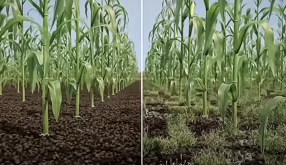 Side-by-side corn field seedlings: left panel weed-free, dark soil; right panel with weeds between rows.